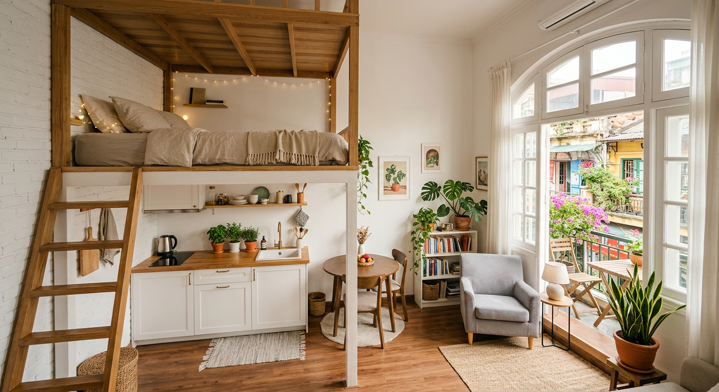 Studio gác lửng full nội thất gần Hàng Xanh